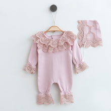 Load image into Gallery viewer, Newborn romper with lace collar and hat