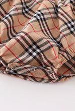 Load image into Gallery viewer, Tan plaid ruffle baby romper