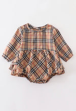 Load image into Gallery viewer, Tan plaid ruffle baby romper
