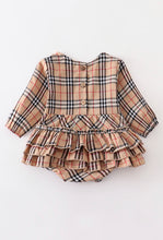 Load image into Gallery viewer, Tan plaid ruffle baby romper