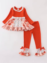 Load image into Gallery viewer, Rust Pumkin print ruffle girls set