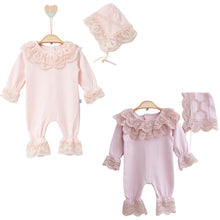 Load image into Gallery viewer, Newborn romper with lace collar and hat