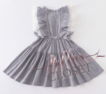 Load image into Gallery viewer, Grey Stripe Lace Ruffle Dress