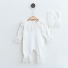 Load image into Gallery viewer, Newborn romper with lace collar and hat