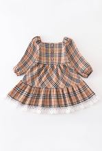 Load image into Gallery viewer, Tan plaid tiered lace dress
