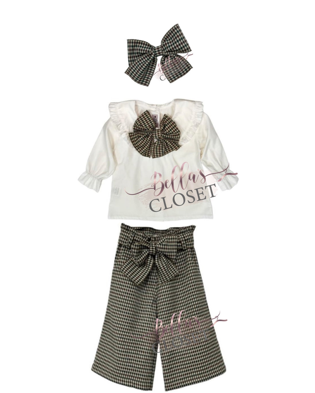 White blouse with Brown and green vichy trousers