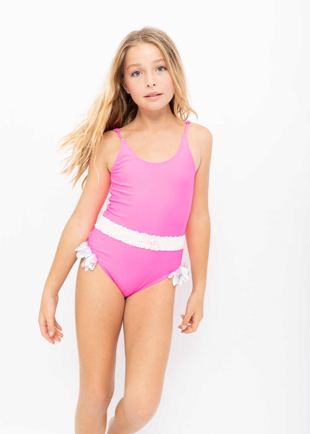 Neon Pink Swimsuit with Belt & Silver Petals