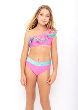 Load image into Gallery viewer, Neon Pink One Shoulder Bikini with Anemone Fringe &amp; Aqua Sequin Belt

