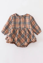 Load image into Gallery viewer, Tan plaid ruffle baby romper
