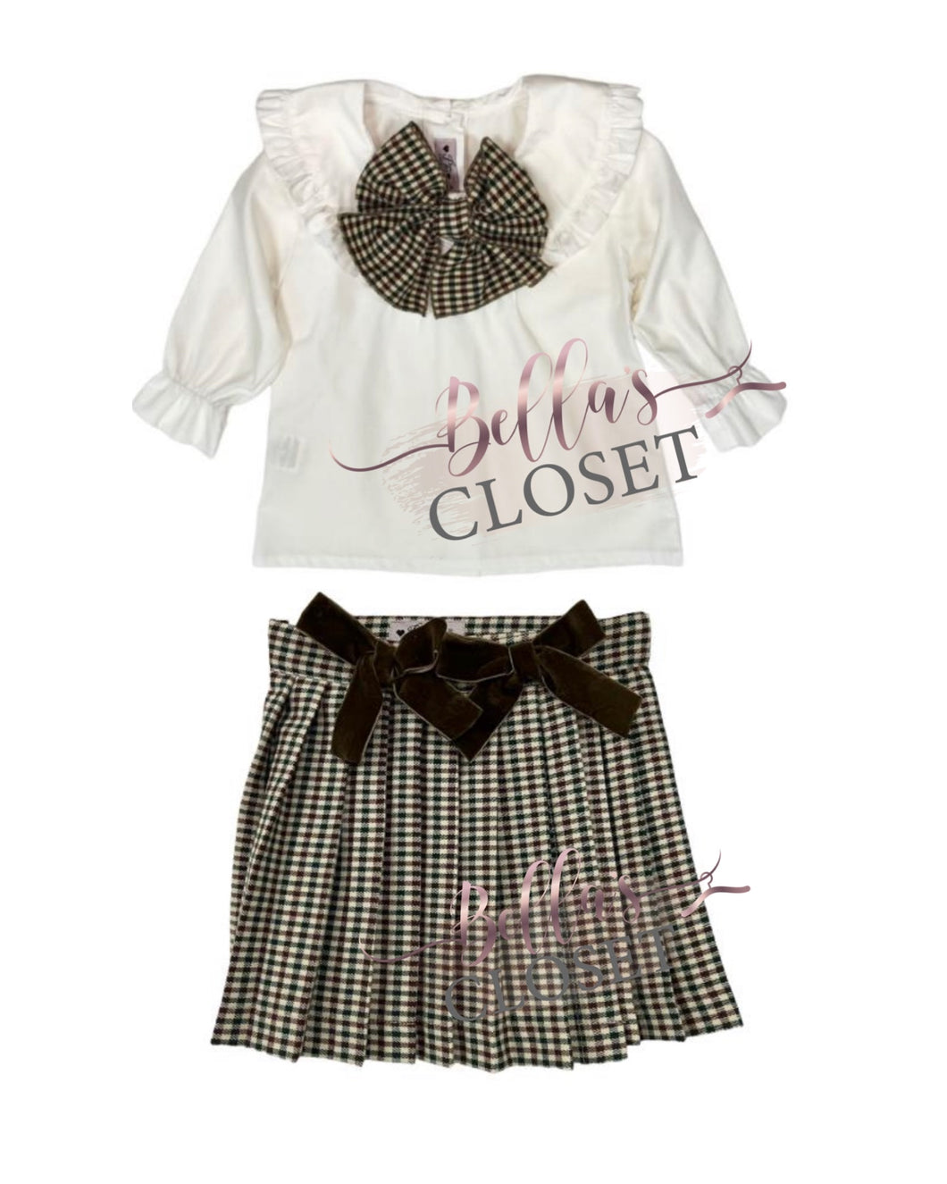 White blouse with Brown and green vichy pleated skirt