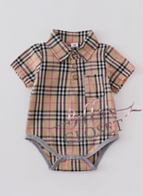 Load image into Gallery viewer, Brown Plaid Button Down Baby Romper
