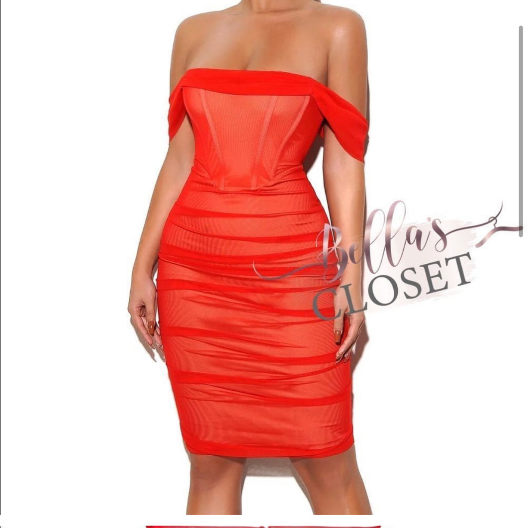 Miss Circle Weslee Red Off Shoulder Mesh Corset Dress
