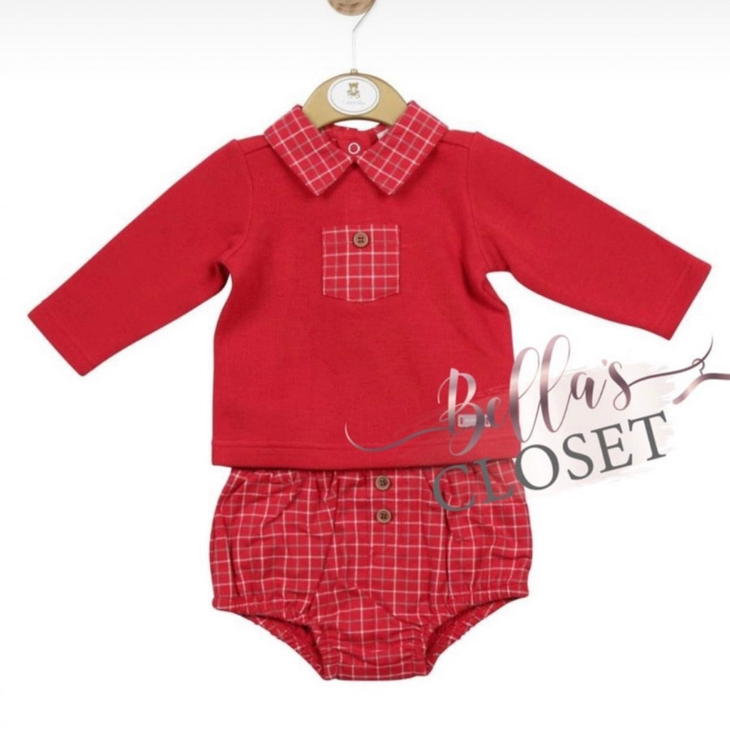 Boys red top & red plaid bottom