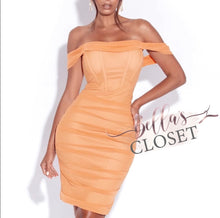 Load image into Gallery viewer, Miss Circle Weslee Orange Off Shoulder Mesh Corset Dress
