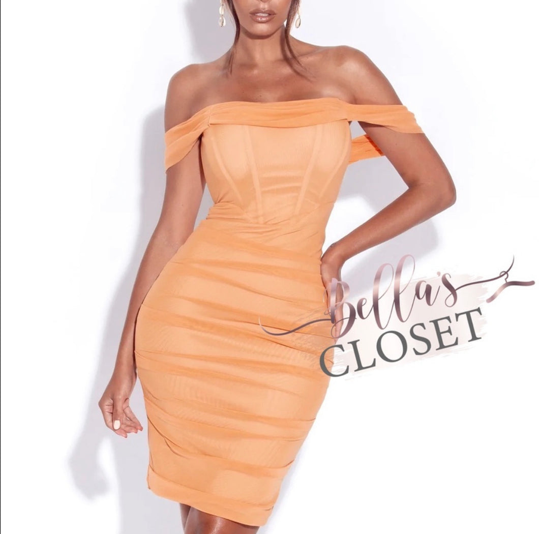 Miss Circle Weslee Orange Off Shoulder Mesh Corset Dress