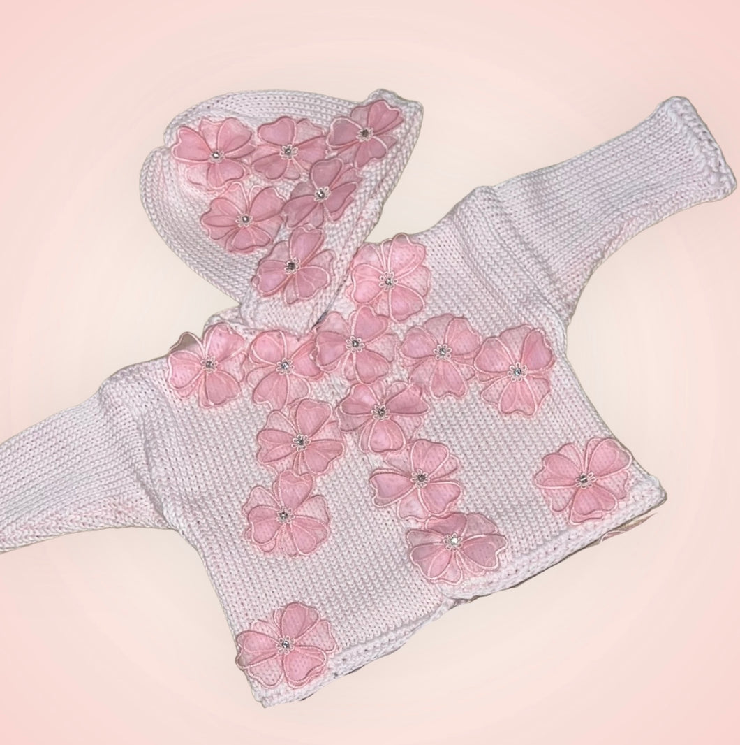 Pink with Pink Appliqué Knit Cardigan & Hat Set