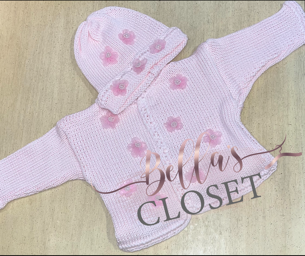 Pink Flower Knit Cardigan & Hat Set