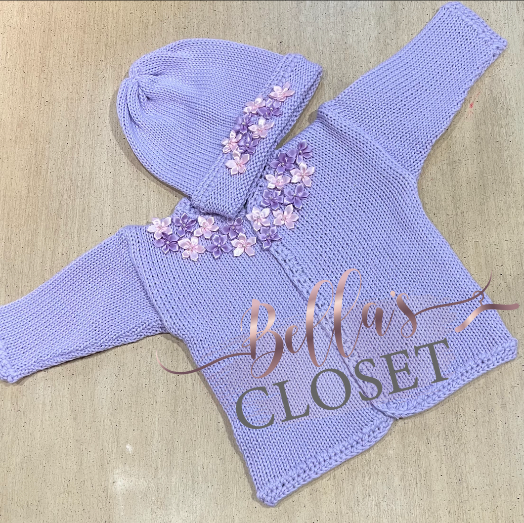 Lavender Knitt Cardigan & Hat Set