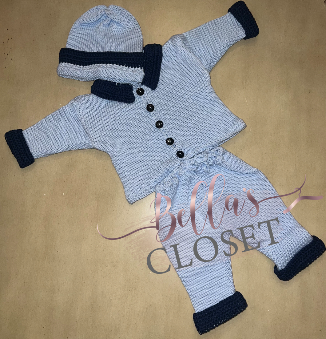 Double Blue 3pc Knit Layette Set