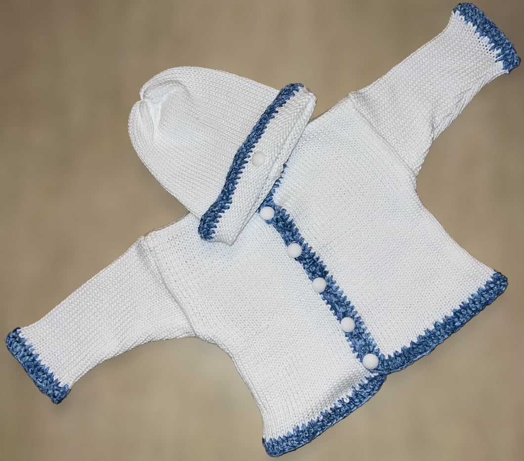 White & Blue Knit Cardigan & Hat Set