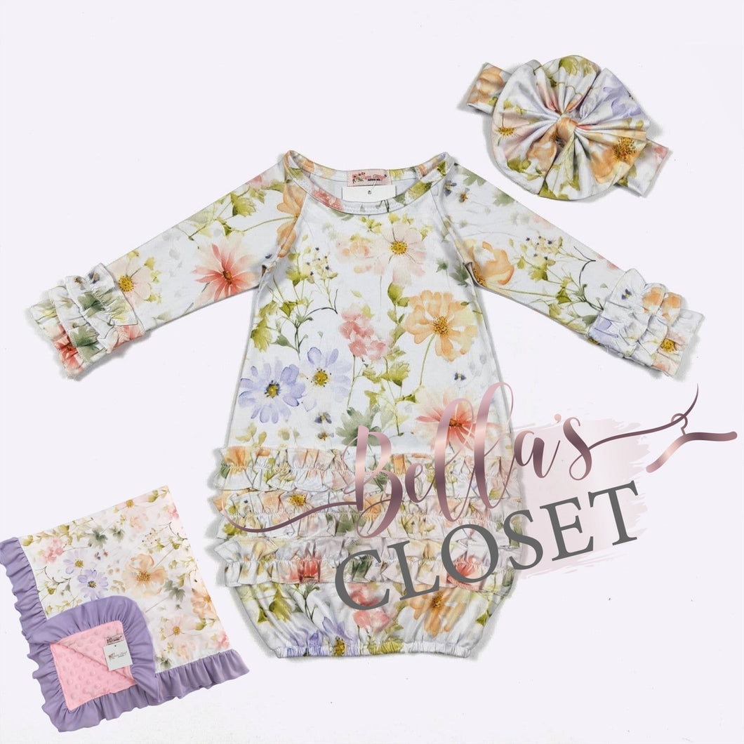 Watercolor Garden Baby Gown 3pc Set