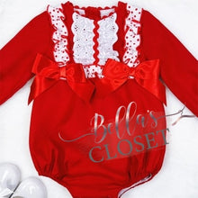 Load image into Gallery viewer, Baby Girl Long Sleeve Red Romper with Lace &amp; Bows
