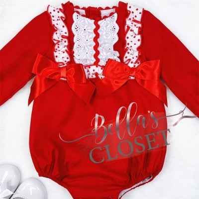 Baby Girl Long Sleeve Red Romper with Lace & Bows