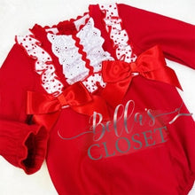 Load image into Gallery viewer, Baby Girl Long Sleeve Red Romper with Lace &amp; Bows
