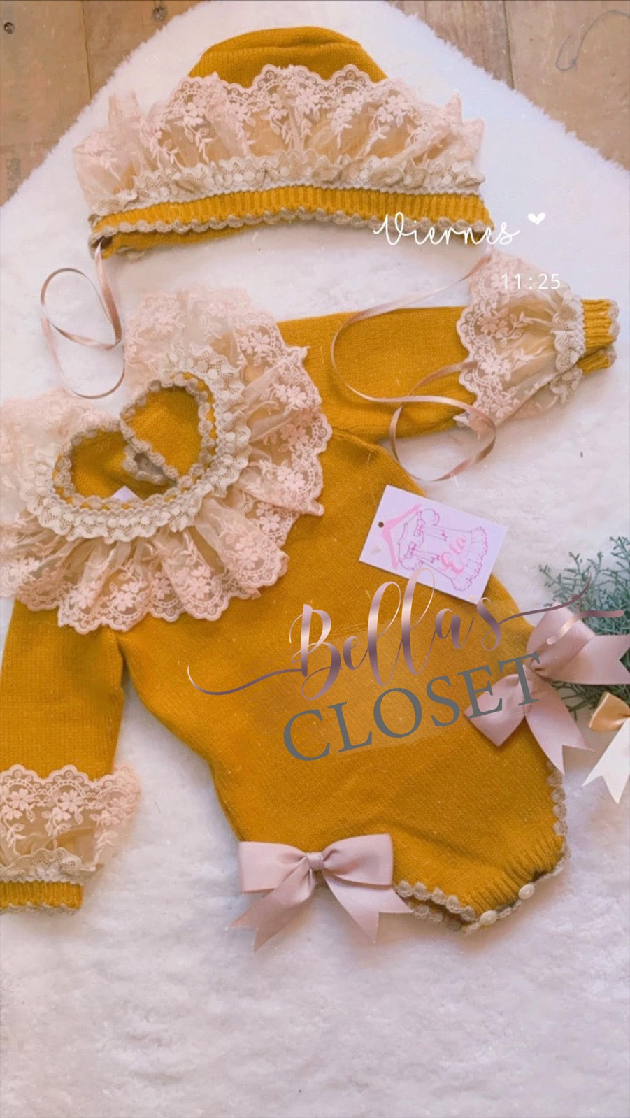 Ela Confeccion Mustard Romper with Bonnet