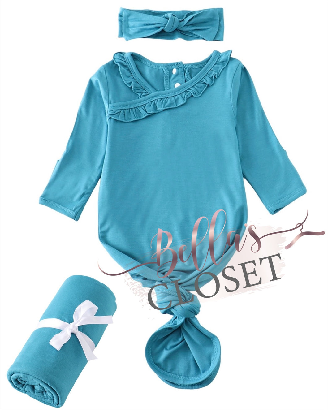 Baby Girls Teal Bamboo Ruffle Knott Gown Set