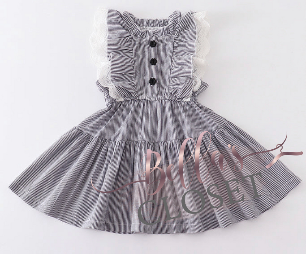 Grey Stripe Lace Ruffle Dress