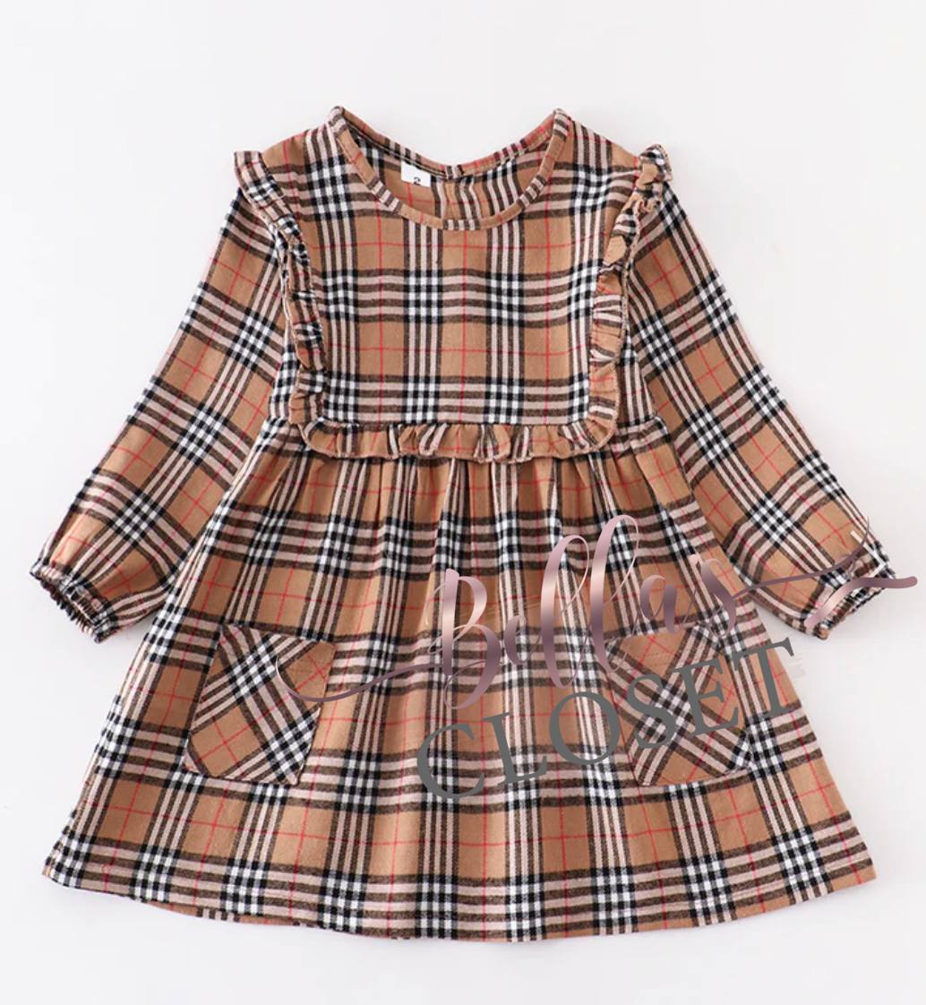 Brown Vintage Plaid Ruffle Dress