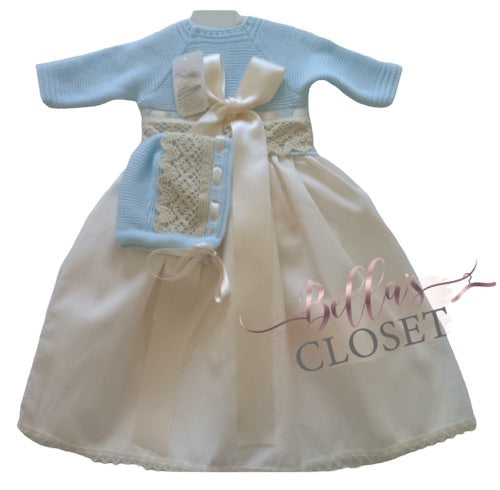 Blue & Cream Spanish Knit Baby Gown