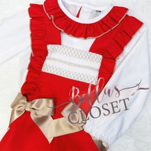 Load image into Gallery viewer, Girls Red Smocked Dungaree with Shirt

