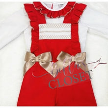 Load image into Gallery viewer, Girls Red Smocked Dungaree with Shirt
