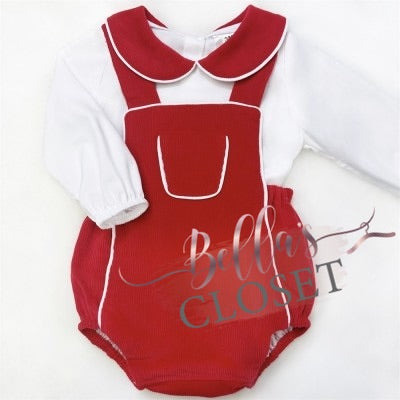 Baby Boys Red Velour Textured Romper with Shirt
