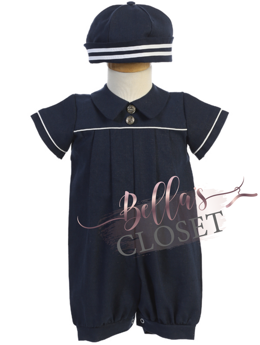Navy blue linen romper & hat