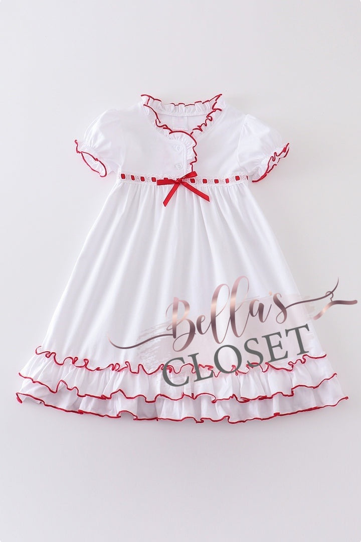 Girls Premium White & Red Ruffle Gown