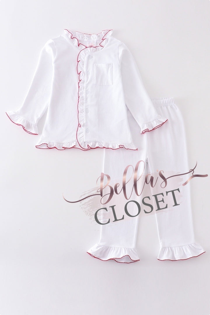 Girls Premium White & Red Ruffle Pajamas
