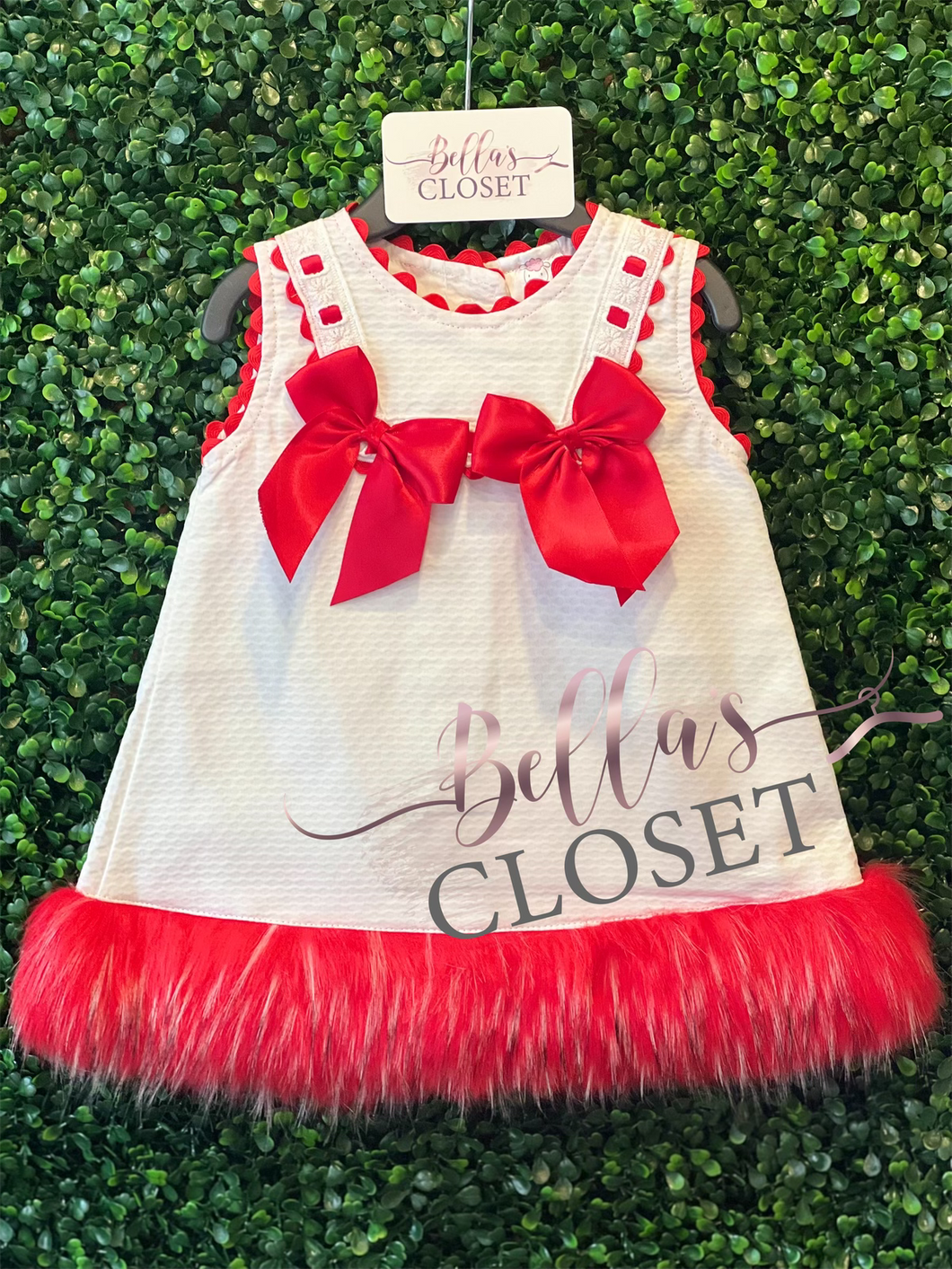 Baby Girl White Waffle Dress with Red Fur Bottom