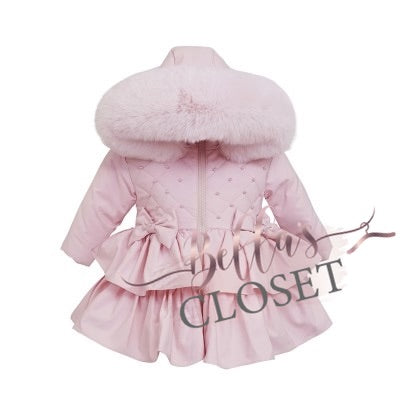 Baby Girl Pink Puffer Coat with Faux Fur Hood