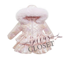 Load image into Gallery viewer, BABY GIRL PINK IRIDESCENT PUFFER COAT FRILLY BOTTOM
