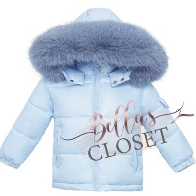 BABY BOY BLUE PUFFER COAT WITH FAUX FUR HOOD