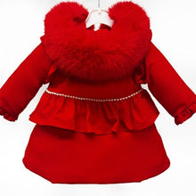 Load image into Gallery viewer, BABY GIRL RED BOW PUFFER COAT WITH FAUX FUR HOOD
