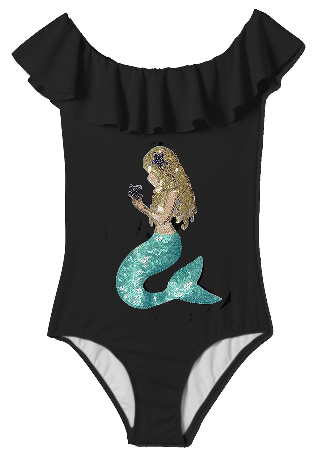 Black Draped Swimsuit with Mermaid