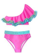 Load image into Gallery viewer, Neon Pink One Shoulder Bikini with Anemone Fringe &amp; Aqua Sequin Belt
