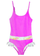 Load image into Gallery viewer, Neon Pink Swimsuit with Belt &amp; Silver Petals
