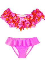 Load image into Gallery viewer, Neon Pink Ruffle Bikini with Pink Metallic Petals
