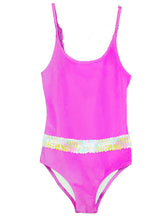 Load image into Gallery viewer, Neon Pink Swimsuit  with Sequin Belt
