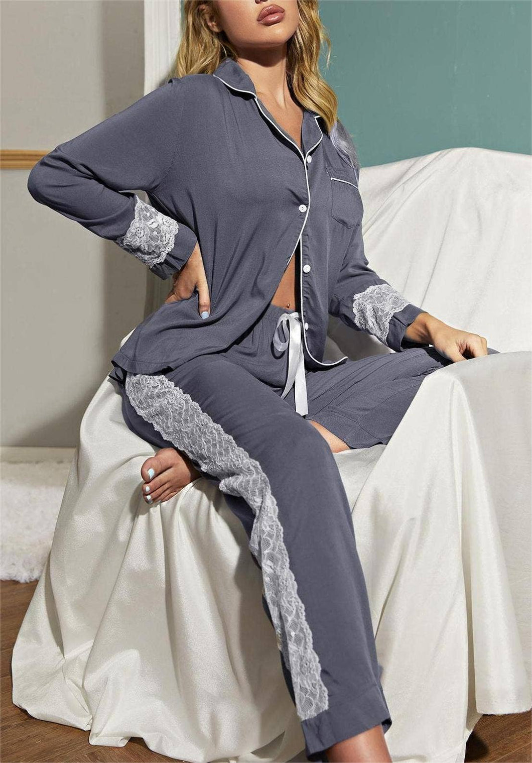 Long sleeve cardigan pajamas lace loungewear set